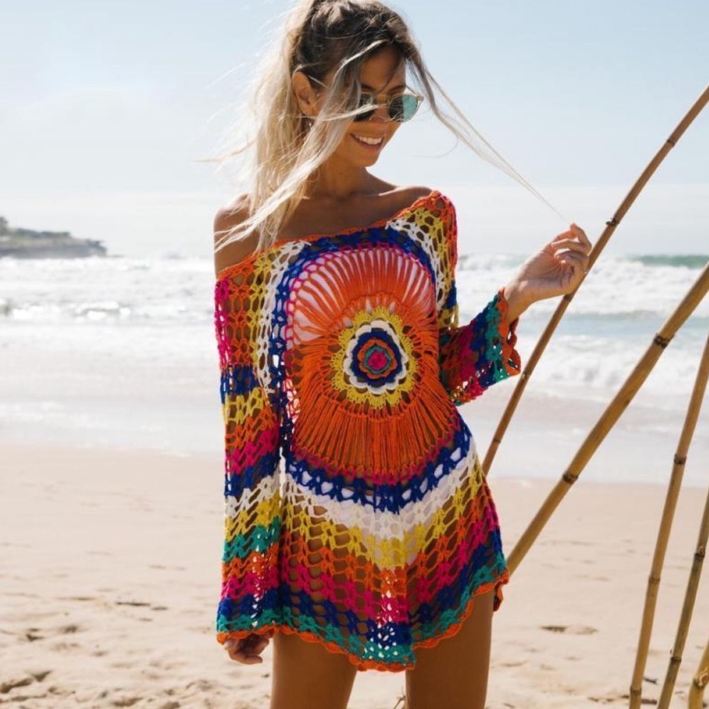 Boho Rainbow Colored Crochet Knit Hollow-Out Beach Coverup - Picture 4 of 16